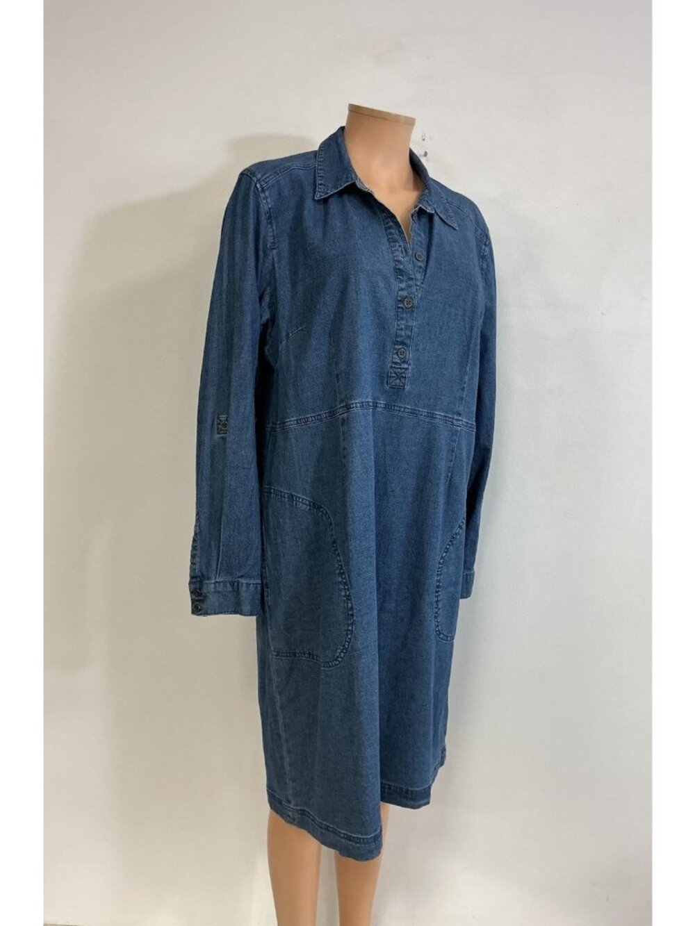 Coldwater Creek Blue Denim Long Sleeve Shirt Dress Midi Pockets Womens XL